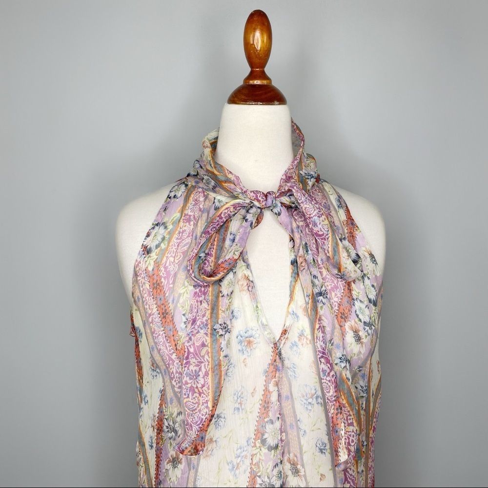 DREW Silk chiffon Multicolor Paisley Pussy Bow Tie Neck Snap Back Tank Size XS - Picture 3 of 10